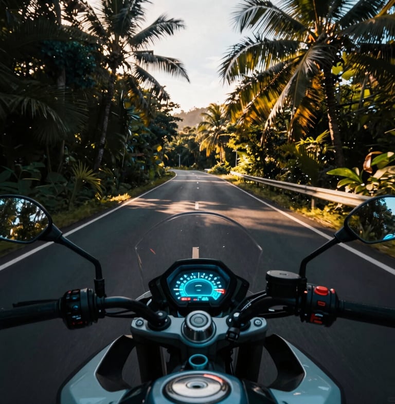 Dynamic POV shot from a motorcycle cockpit, showing a winding tropical road ahead, high-contrast, golden hour, neon blue accents on dashboard, 35mm lens