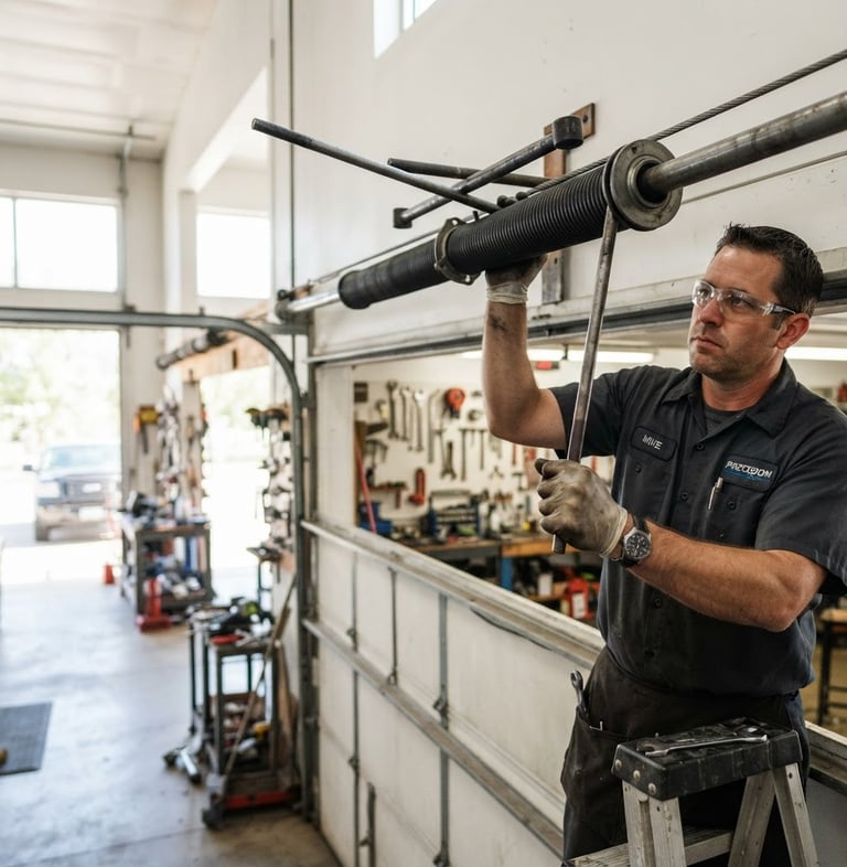 Technician calibrating a torsion spring on a garage door, bright workshop lighting, focus on hands and tool, industrial utility aesthetic, wide panoramic 21:9 frame with the technician to the right third.