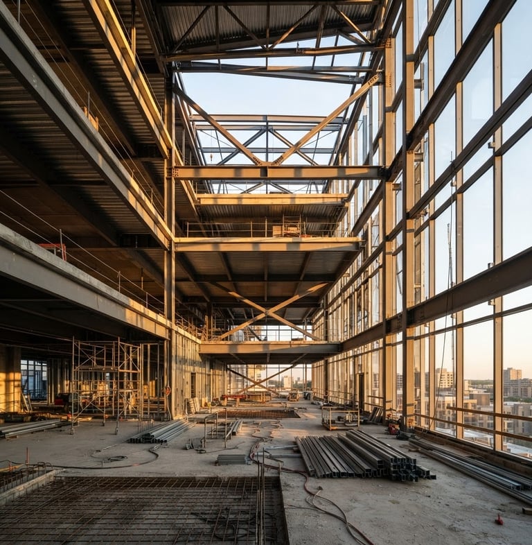 Wide panoramic shot of a modern commercial building interior under construction, exposed structural steel framing at golden hour, sharp morning light creating high-contrast architectural shadows, clean lines, wide-angle lens, 35mm, no people.