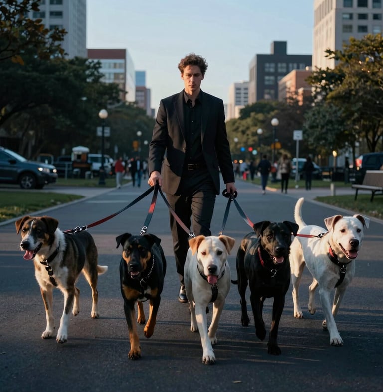 Professional dog walker confidently handling a pack of diverse dogs on leashes in a vibrant urban park at golden hour, low angle, cinematic editorial photography, high-contrast natural light, deep blacks, cool blue undertones, sharp focus, 35mm