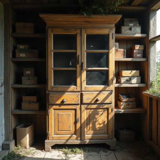 une vieille armoire un peu décrépie, il manque un peu de peinture à certains endroit.