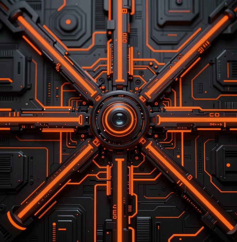 Stark technical schematic of an agentic state machine, high-contrast dark mode, vibrant neon orange vector lines, sharp macro lens, detailed cyber-industrial textures