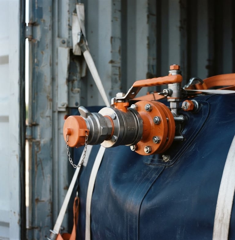 Technical close-up of a high-grade industrial Flexitank valve installation inside a shipping container, safety orange fittings, sharp focus, crisp natural daylight, 35mm