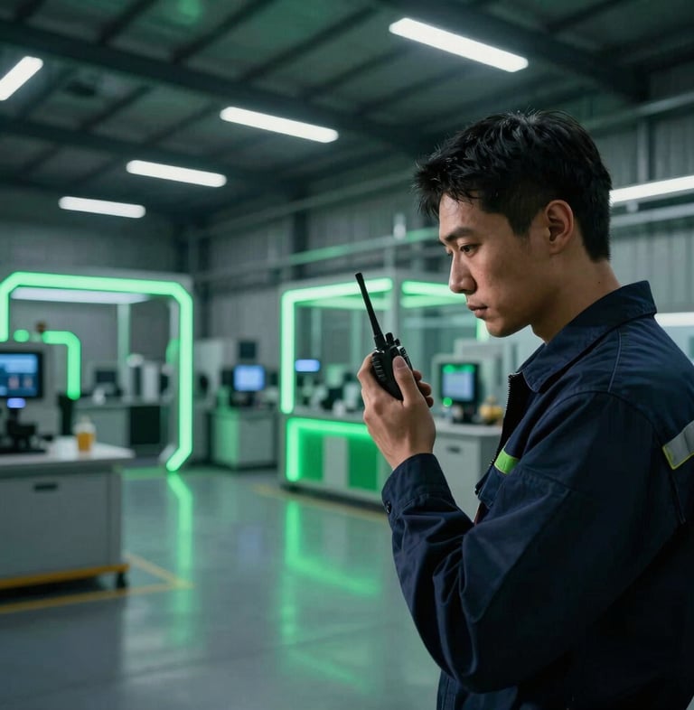 cinematic corporate photography, dramatic low-key lighting with sharp green neon accents, deep navy tones, sharp macro focus, 85mm, wide environmental shot of a large, modern warehouse interior, technician with a two-way radio checking coverage, industrial machinery in background