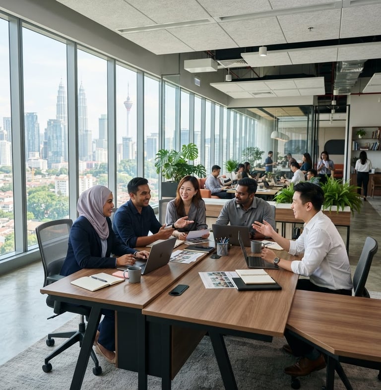 Wide shot of a modern, clean corporate office in Ampang, Malaysia, with a professional team collaborating at a large desk, bright natural daylight streaming through windows, soft shadows, sharp focus, 35mm lens.