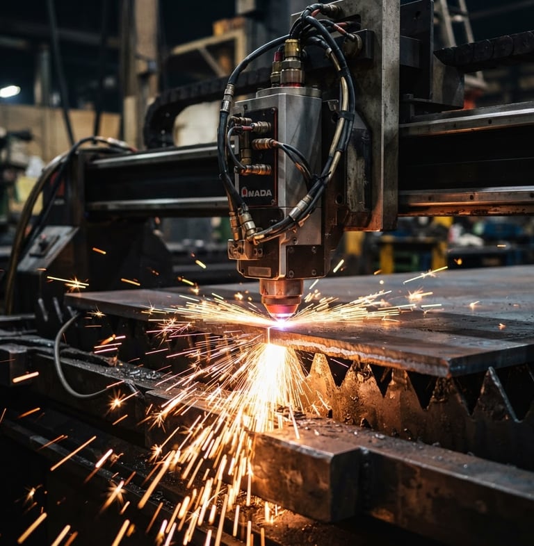 Close-up of a heavy-duty fiber laser cutting head actively slicing through a thick steel plate, brilliant orange sparks flying outwards, dramatic industrial lighting, sharp metallic details, 35mm lens