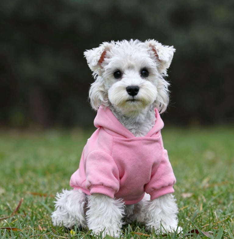 A grey and white Miniature Schnauzer puppy wearing a pink dog hoodie while sitting grass