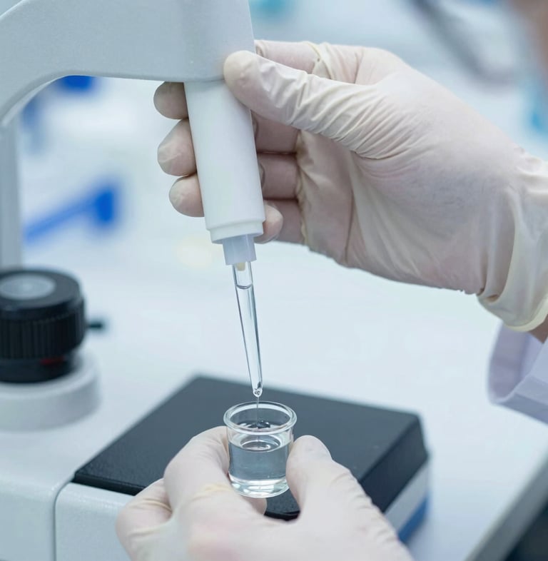 Close-up of hands in lab gloves carefully pipetting a water sample into a specialized analytical instrument, bright cool studio lighting, high detail, technical focus.