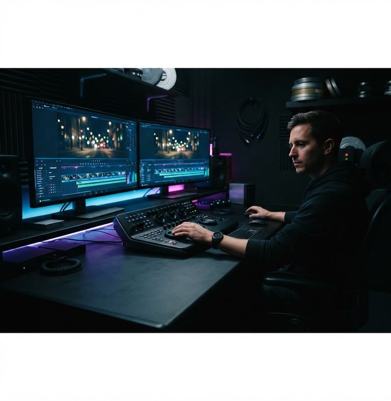 Wide panoramic view of a dark editing suite, dual monitors displaying letterboxed video timelines with glowing neon blue and magenta indicators, a hand on a color grading panel, shallow depth of field, low-key studio lighting, high-contrast. The image bleeds to the right edge.