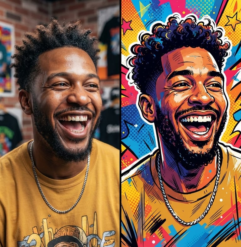 Split-screen comparison showing a real photo of a laughing man on the left and a vibrant, bold ink-stroked cartoon caricature of him on the right, high-contrast studio lighting, pop-art style