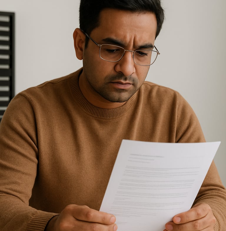 a man in a brown sweater and glasses is looking at a piece of paper