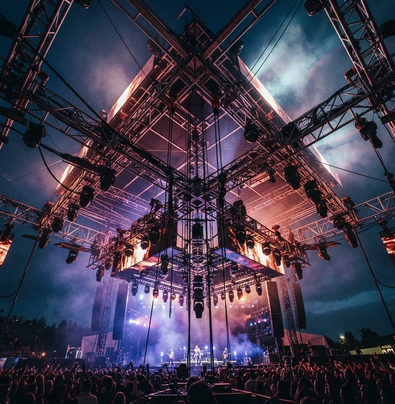 Primer plano de estructuras de escenario complejas bajo luces de concierto, con un enfoque en la precisión de la ingeniería y la espectacularidad del diseño, vista desde abajo.