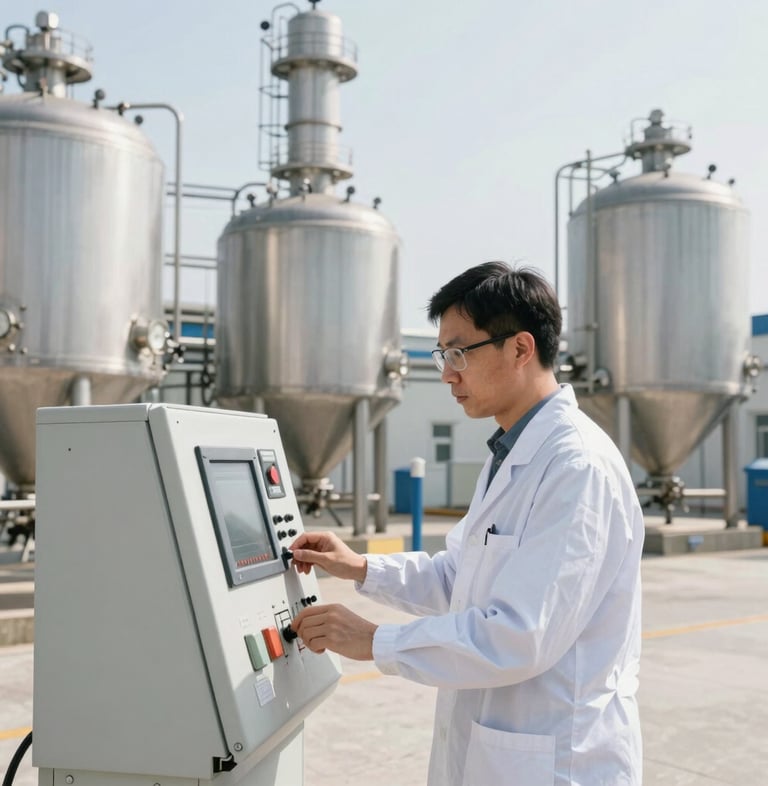 Medium shot of a focused chemical engineer in clean safety gear operating a control panel in a modern bio-refinery, bright natural daylight, crisp professional tones.