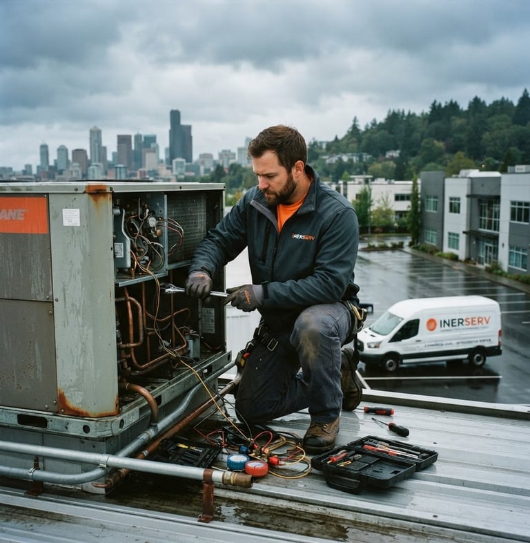 Industrial editorial photograph of an INERSERV technician in branded uniform working on a commercial HVAC unit, a fully branded service vehicle visible in the background, overcast Pacific Northwest daylight, cool slate and safety orange tones, sharp focus, 35mm.
