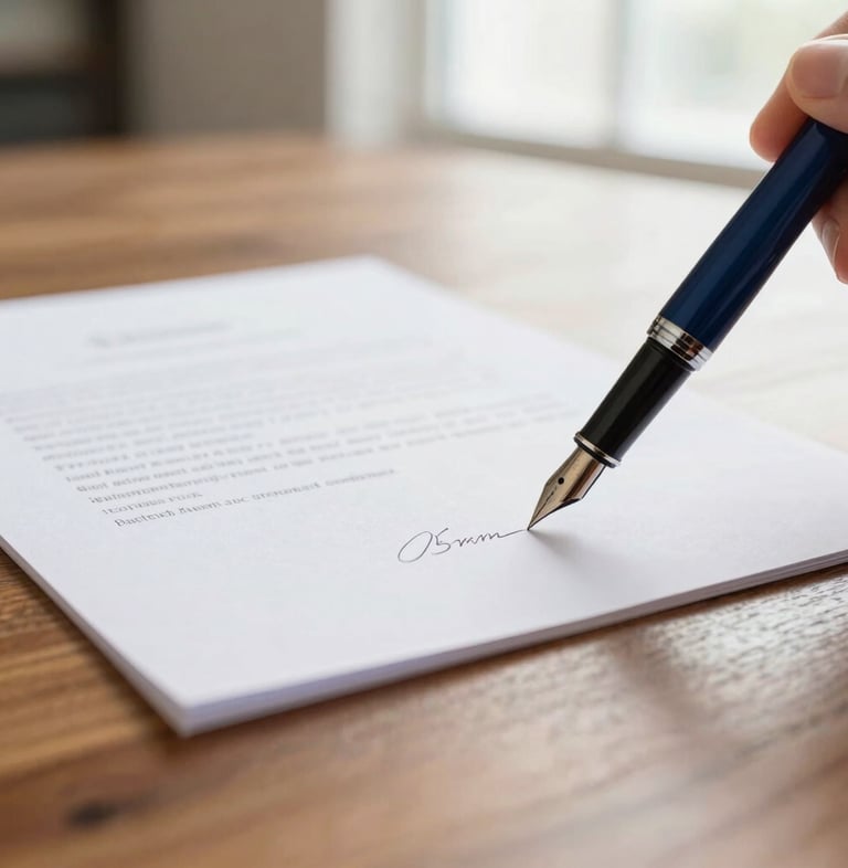 Close-up of a fountain pen signing a crisp document on a professional wooden table, clean editorial photography, soft natural window light, deep navy tones, shallow depth of field, 35mm