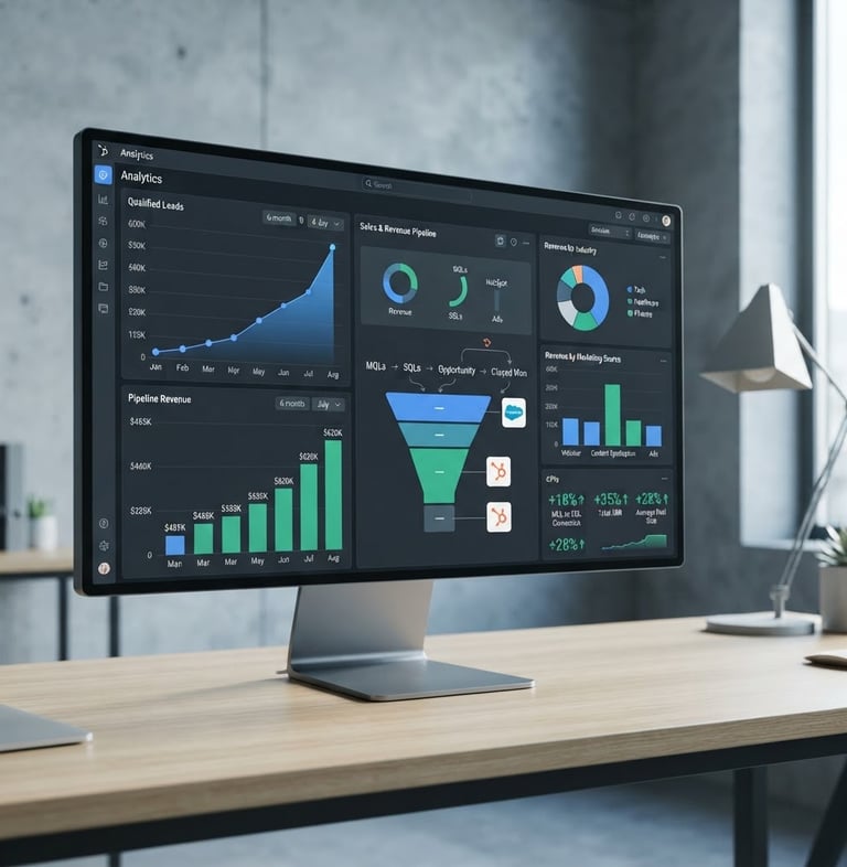 High-contrast screenshot of a B2B SaaS analytics dashboard showing a clear upward trend in qualified leads and pipeline revenue, with specific CRM integration points highlighted. Clean, minimalist UI, cool desaturated tones, sharp studio light.