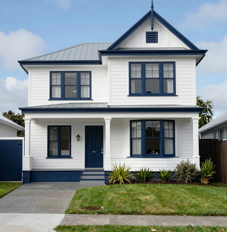 A wide, editorial-style banner shot of a classic Auckland villa exterior, newly painted in a crisp white and navy (#0e1c2f) palette. Manicured lawn and blue sky background.