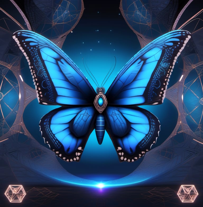 Blue butterfly glowing symbol for subconscious reprogramming and energy clearing.
