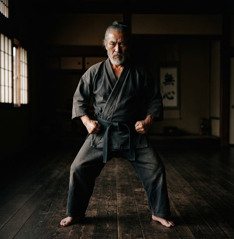 Portrait of a martial arts founder, mid-stance, focused expression, dramatic low-key side lighting, deep charcoal and warm amber tones, 35mm lens.