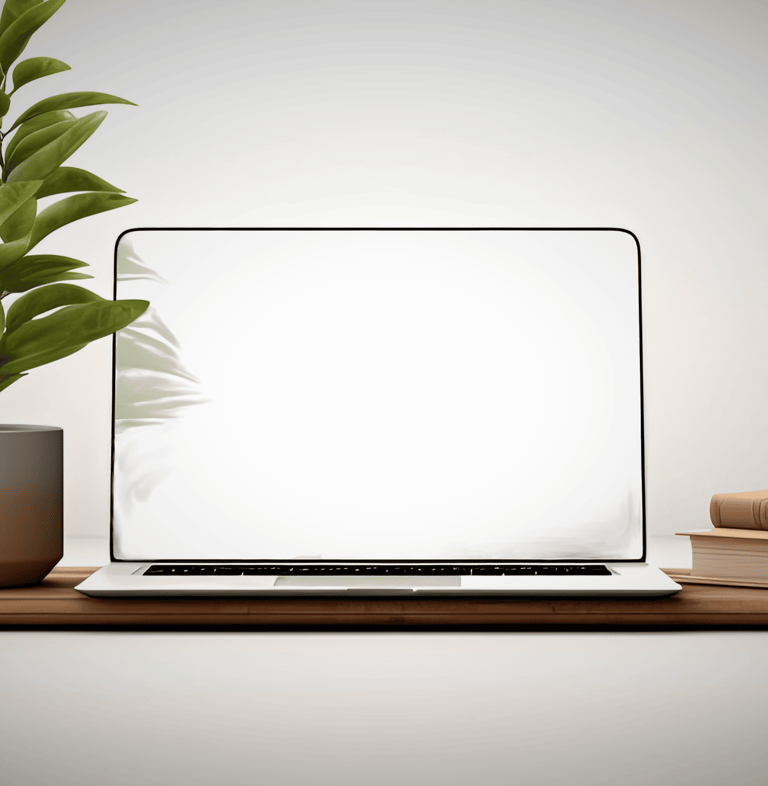 ein laptop stehend auf dem schreibtisch, links eine pflanze, rechts ein stapel bücher