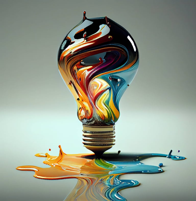 eine bunte Glühbirne mit bunten Farben, die bis auf den Boden zerlaufen