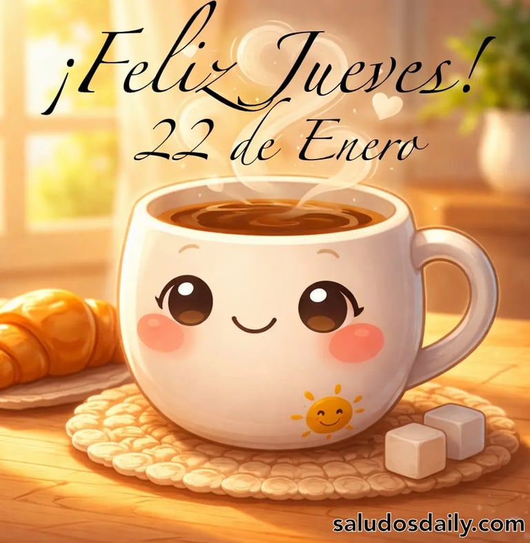 taza de café humeante deseando un feliz jueves 22 de enero