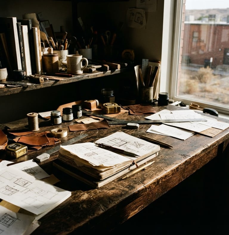 High-contrast editorial photograph of a raw creative workspace in Pocatello, harsh natural light casting deep shadows across a heavy oak desk with tactile design materials, 35mm film grain.
