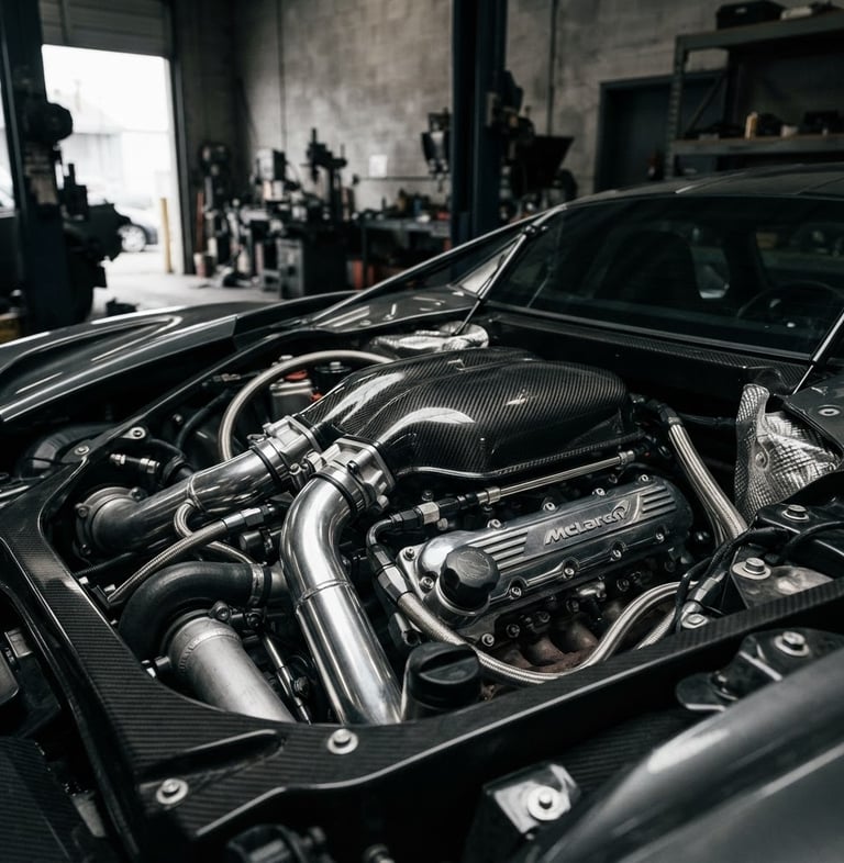 High-contrast, detailed close-up of a pristine exotic supercar engine bay, sharp focus on chrome and carbon fiber components under dramatic garage lighting, desaturated metallic tones.