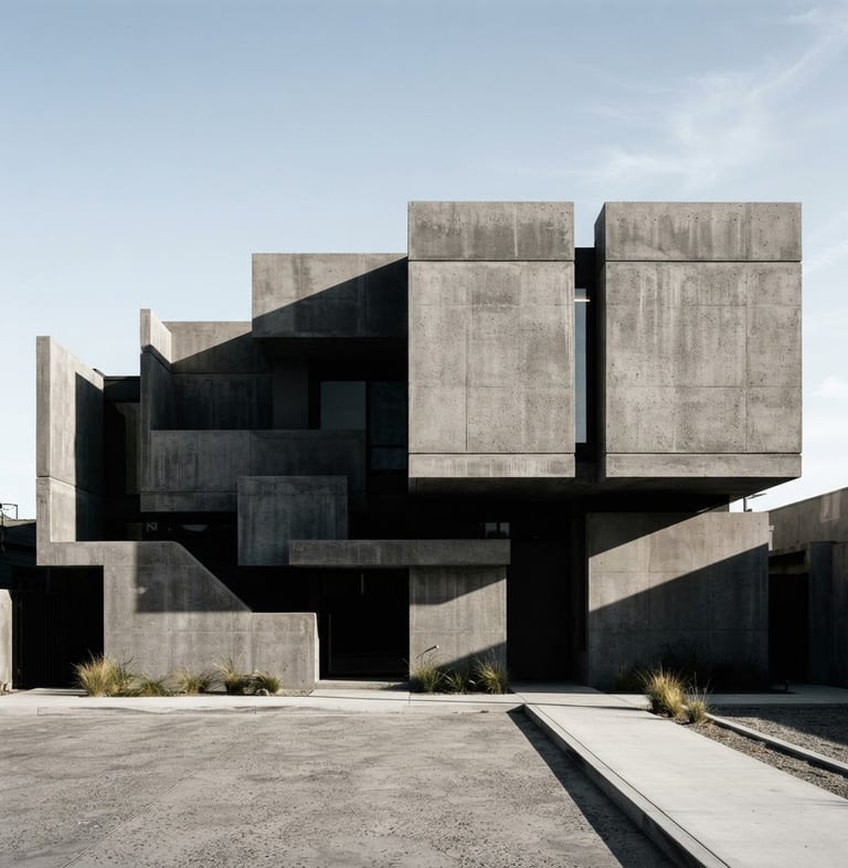 Wide shot of a minimalist concrete facade with sharp side-lighting, emphasizing monolithic forms and shadow play, 35mm architectural lens.