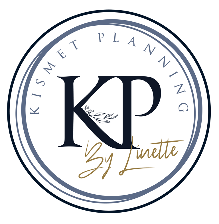 Kismet Planning By Linette circular logo with KP initials and elegant floral accents.
