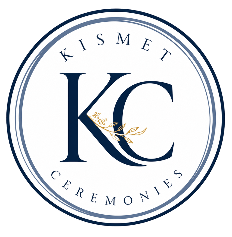 Kismet Ceremonies round navy blue logo featuring KC initials and a gold botanical branch.