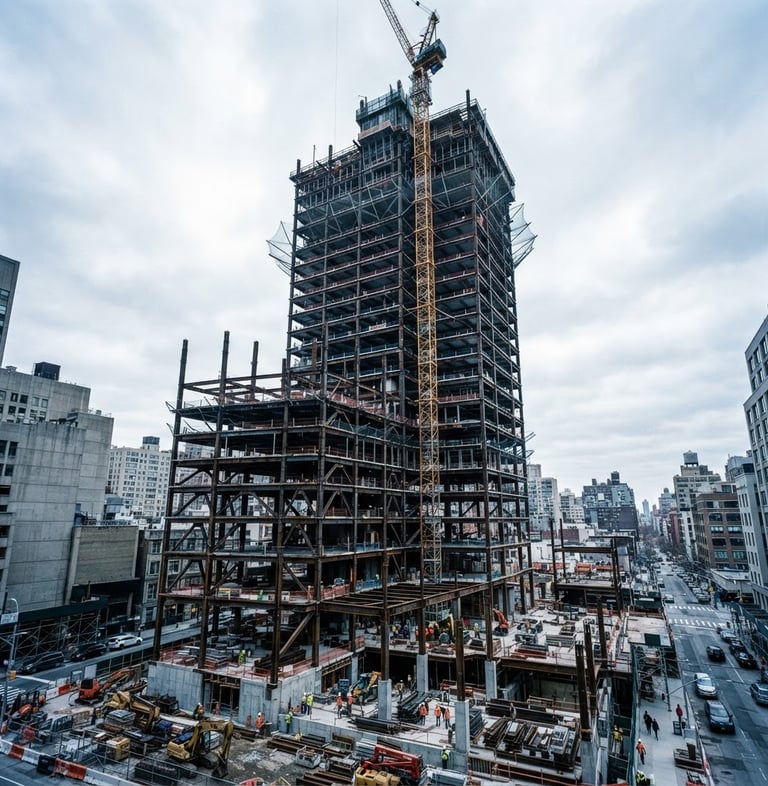 Wide-angle architectural shot of a large urban building under construction, structural steel beams rising against a crisp overcast sky, high-contrast cool tones, 35mm.