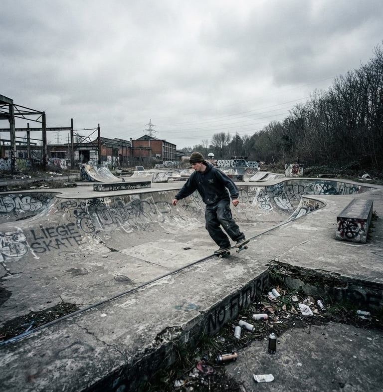 Wide shot of an abandoned, gritty concrete skatepark in Belgium, overcast daylight, low angle, desaturated tones, 35mm skate photography.