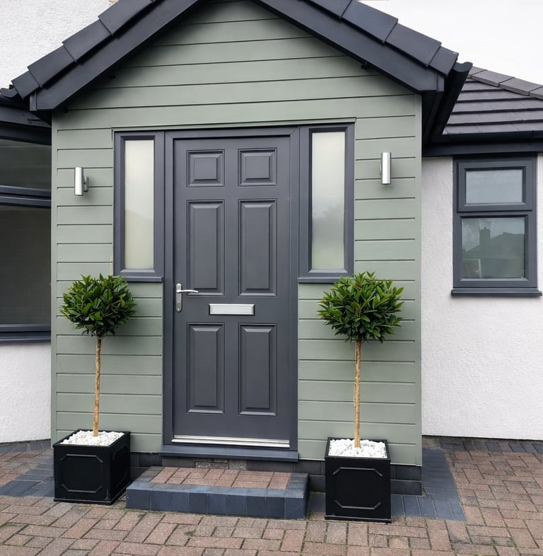 A bespoke modern porch in Portslade, built with a dark grey door, sage green horizontal cladding, and outdoor lighting.