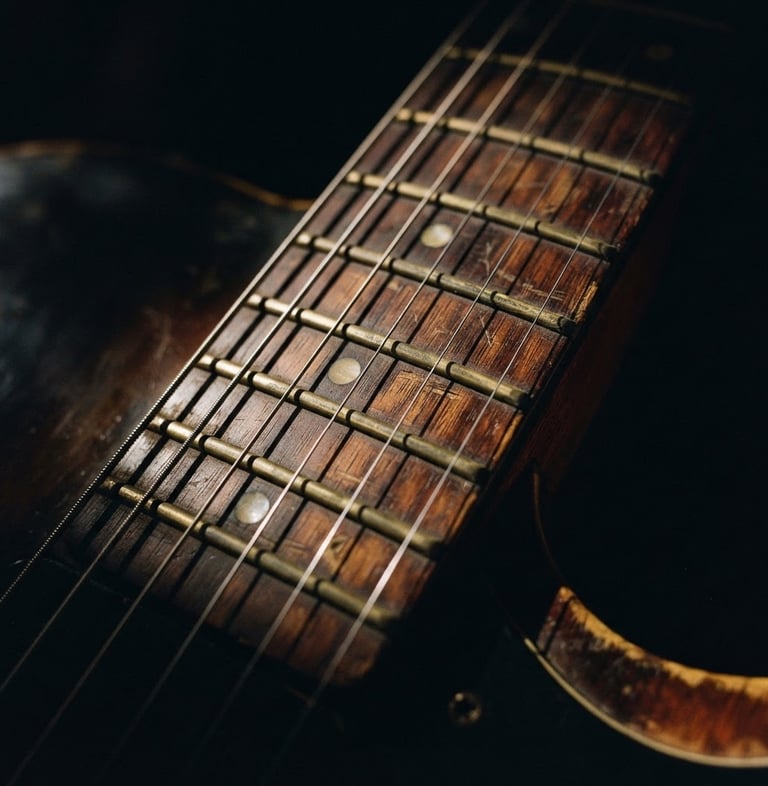 Moody high-contrast close-up of a worn electric guitar neck and brass frets, dramatic side-lighting, rich warm wood tones, deep shadows, analog film grain, 50mm
