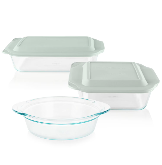 Pyrex deep glass baking dish set 5‑piece with BPA‑free lids, non‑toxic glass bakeware