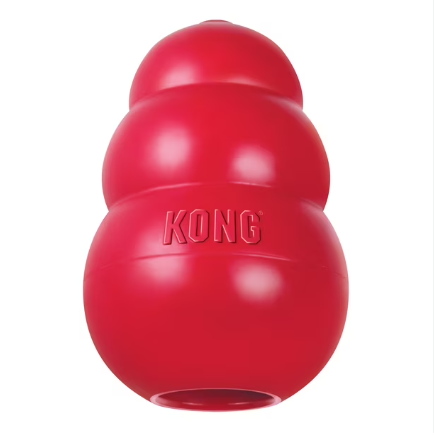 Red KONG Classic natural rubber interactive dog toy for chewing and mental stimulation.