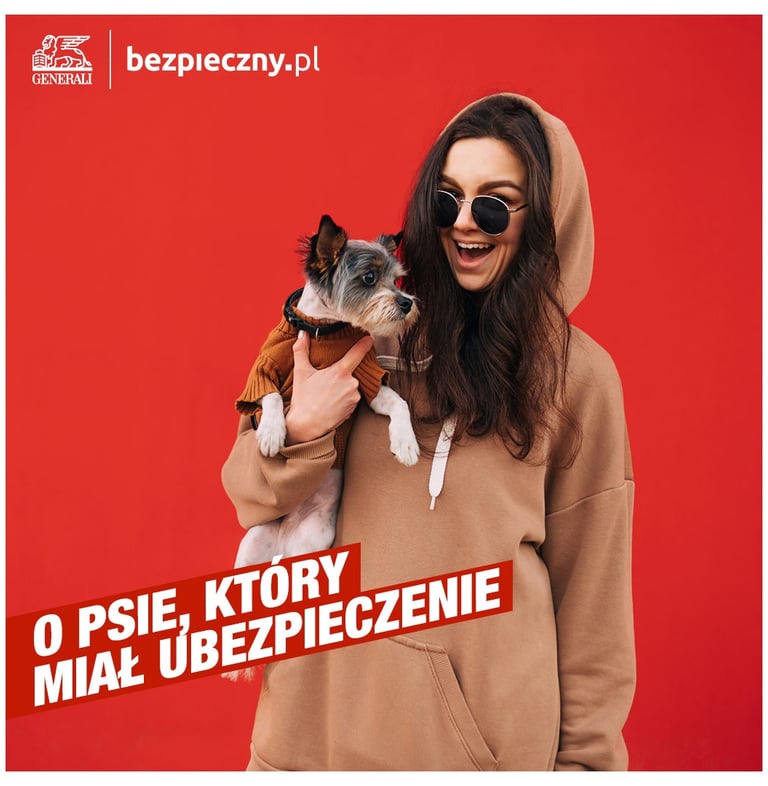 kobieta z pieskiem na ręce i napis o psie, który miał ubezpieczenie ,generali | bezpieczny.pl