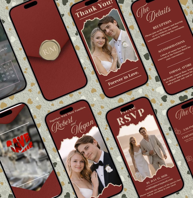 Elegant burgundy digital wedding invitation screens featuring a romantic couple and RSVP details.