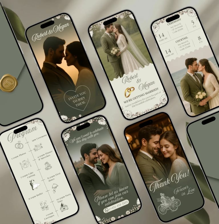 Digital wedding invitation template displayed on multiple smartphones featuring a romantic couple and event details.