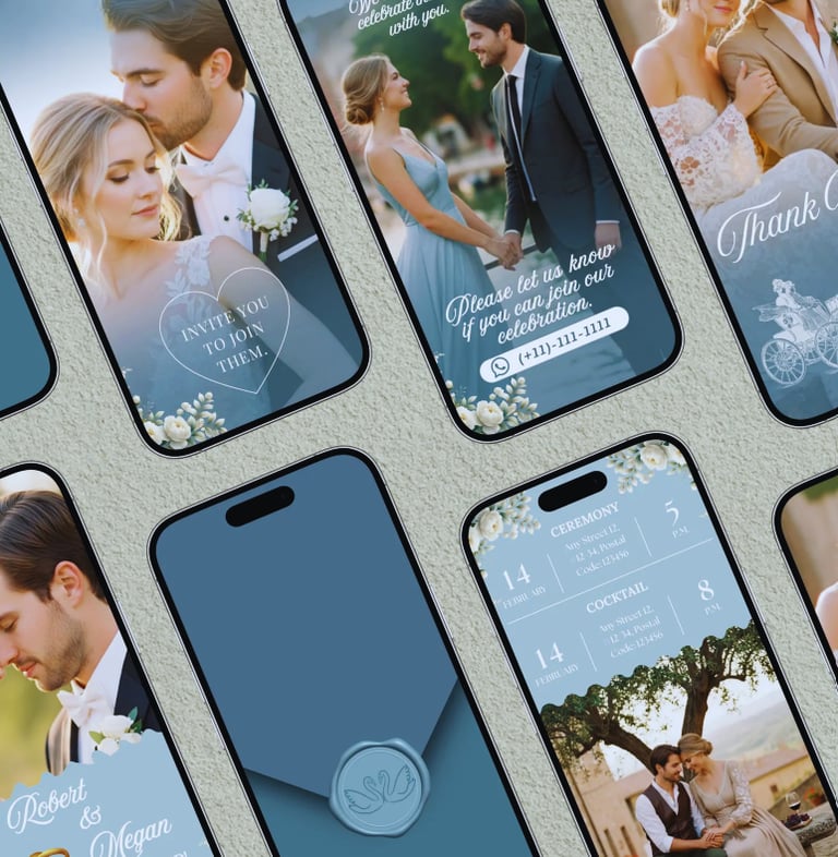 Elegant digital wedding invitation suite displayed on multiple blue smartphone screens.