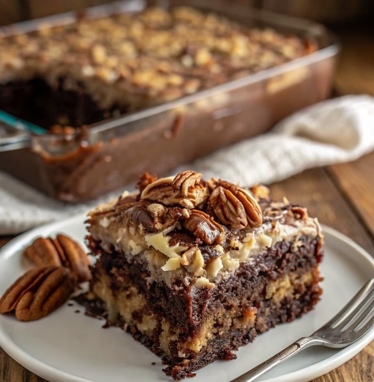 "German Chocolate Poke Cake with coconut pecan frosting"      
