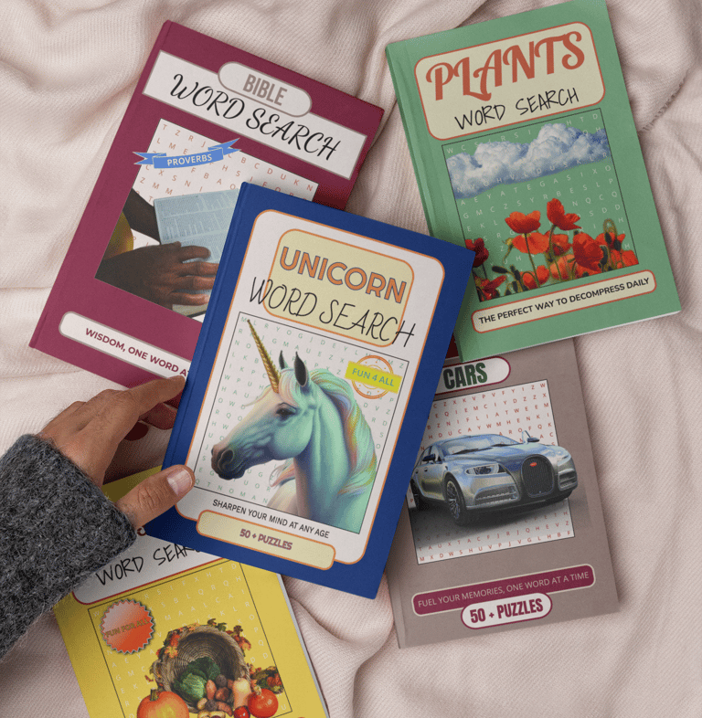 Debas Direct word search puzzle books displayed on beige blanket