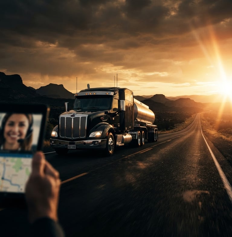 Low-angle heroic shot of a heavy-duty Class 8 truck on an open highway at golden hour, sun flare, deep charcoal and amber tones, high contrast, 35mm, bleeding to the right edge. A dispatcher is seen on a tablet in the foreground, blurred.