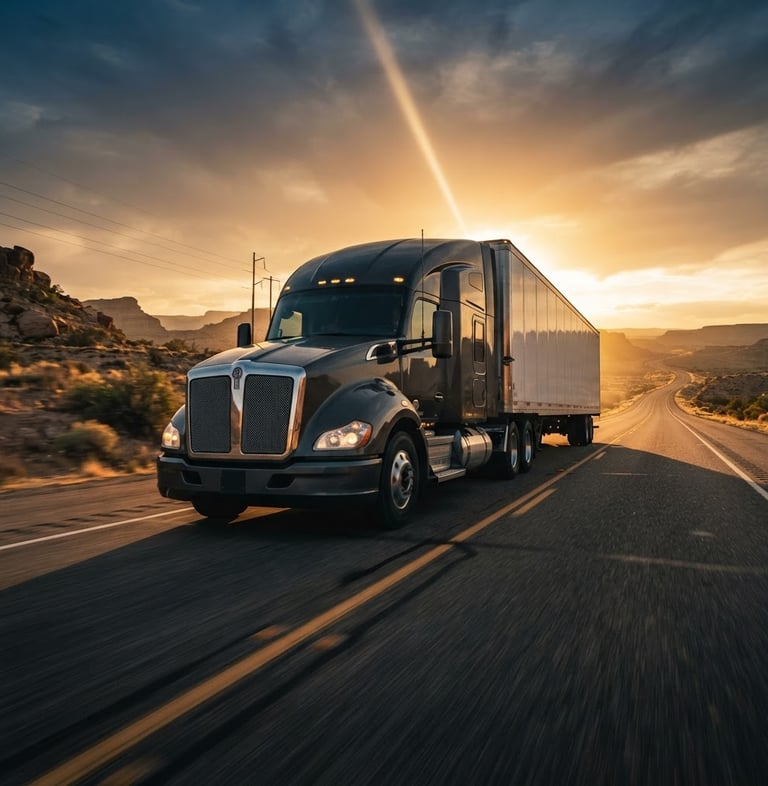 Low-angle heroic shot of a heavy-duty Class 8 dry van truck on an open highway at golden hour, sun flare, deep charcoal and amber tones, high contrast, 35mm