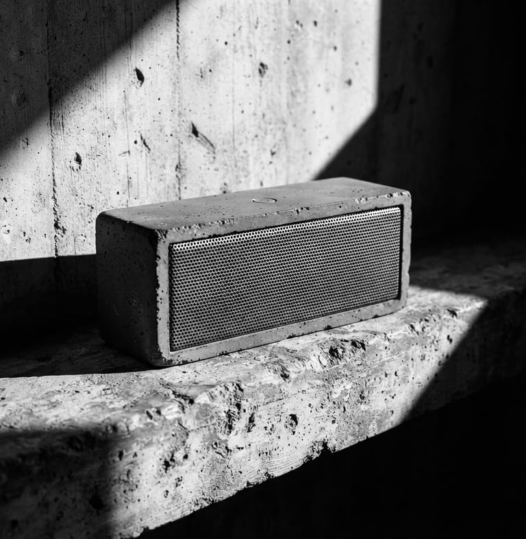 Stark industrial product photography, harsh architectural side-lighting, a monolithic concrete wireless speaker on a raw concrete ledge, sharp shadows, 50mm lens