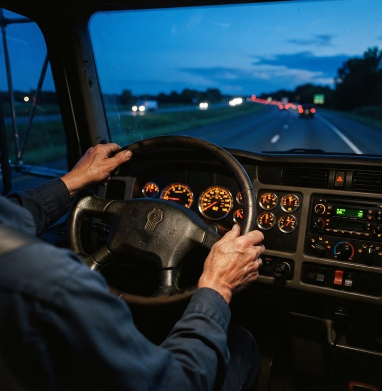 Close-up of a truck driver's hands on a steering wheel at dusk, illuminated dashboard, open highway in the background, cinematic transportation photography, twilight highway lighting, deep blues and amber accents, sharp focus, 35mm