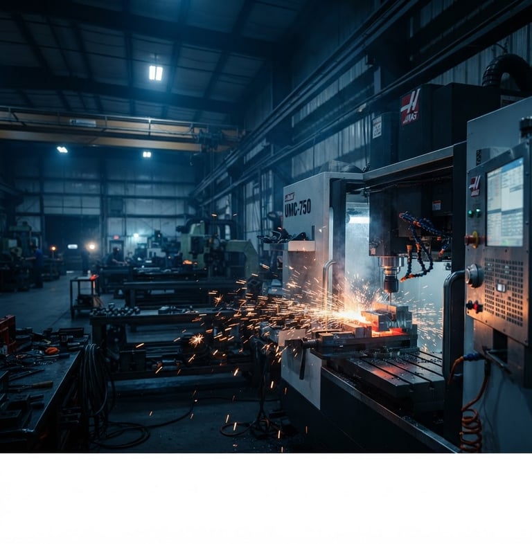 Wide panoramic shot of a modern industrial workshop, CNC milling machine head carving steel with sparks, dramatic shadows, cool blue tones, and warm orange accents.