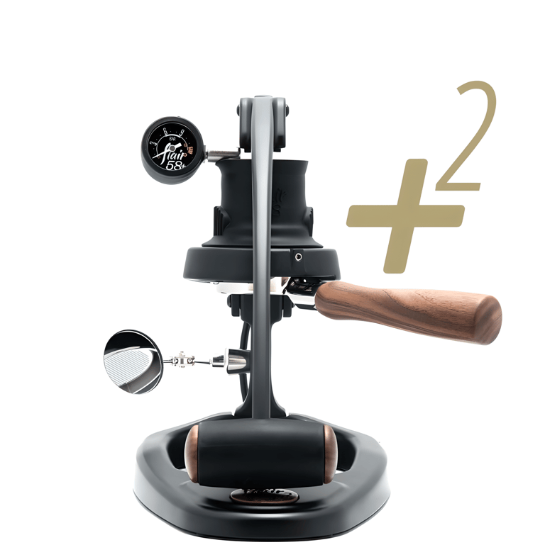Flair 58 manual espresso maker with wooden portafilter and pressure gauge for home brewing.