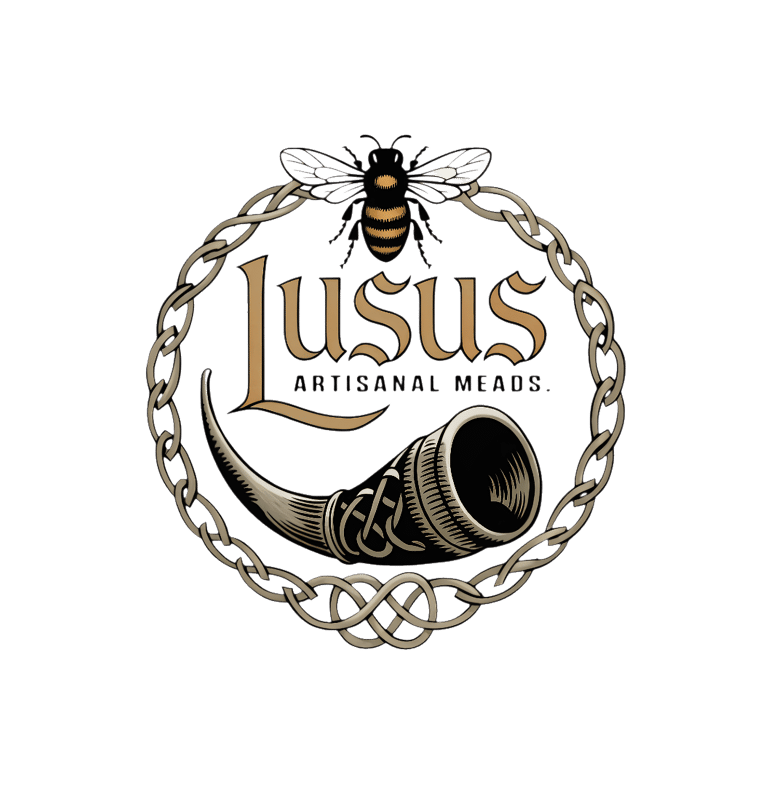 Lusus Artisanal Meads logo featuring a honey bee and drinking horn in a celtic chain frame.